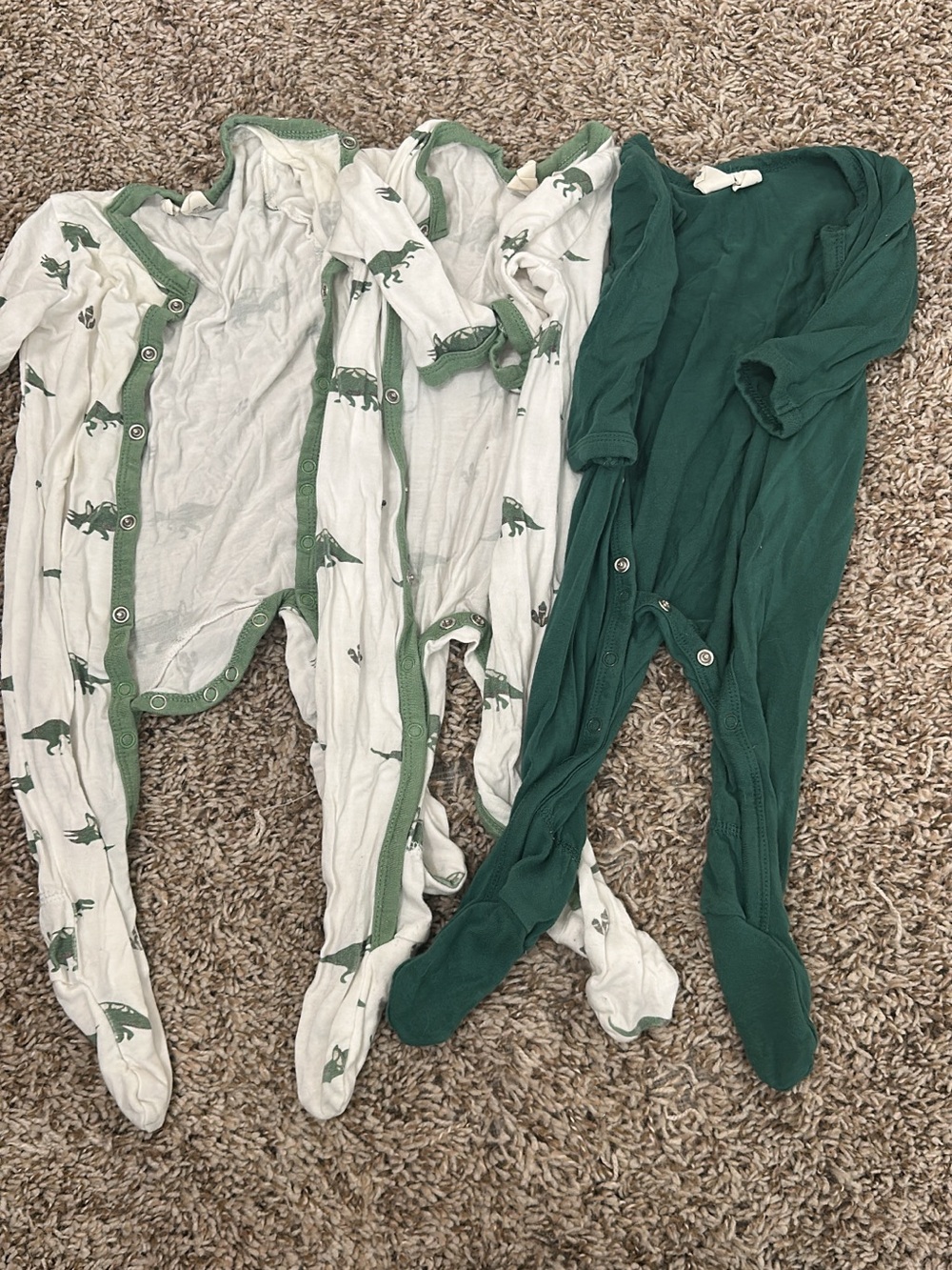 3 Kyte BABY Green Dino Print & Solid Green Footed Pajamas
